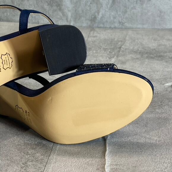 NINA Women's New Navy Satin Haven Rhinestone Ankle-Strap Block-Heel Sandals - Picture 7 of 10